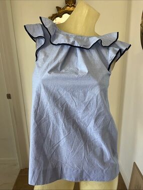 J. Crew Light Blue Ruffle-Neck Blouse with Navy Trim